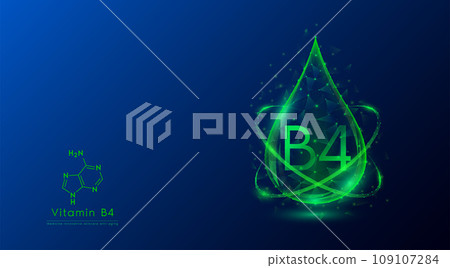 Vitamin B4 drop green low poly and structure chemical formula. Medicine science innovative. Multivitamins complex collagen supplement skincare anti aging. Cosmetics nutrition banner design. Vector. 109107284