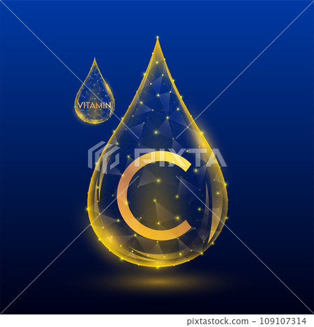 Vitamins complex skin care anti aging. Vitamin C drop orange translucent low poly on dark blue background. Multivitamins collagen supplement. Cosmetics nutrition design. Vector EPS 10 illustration. Vitamins complex skin care anti aging. Vitamin C drop orange translucent low poly on dark blue background. Multivitamins collagen supplement. Cosmetics nutrition design. Vector EPS 10 illustration. 109107314