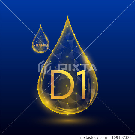 Vitamins complex skin care anti aging. Vitamin D1 drop orange translucent low poly on dark blue background. Multivitamins collagen supplement. Cosmetics nutrition design. Vector EPS 10 illustration. 109107325