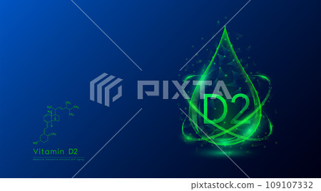 Vitamin D2 drop green low poly and structure chemical formula. Medicine science innovative. Multivitamins complex collagen supplement skincare anti aging. Cosmetics nutrition banner design. Vector. Vitamin D2 drop green low poly and structure chemical formula. Medicine science innovative. Multivitamins complex collagen supplement skincare anti aging. Cosmetics nutrition banner design. Vector. 109107332