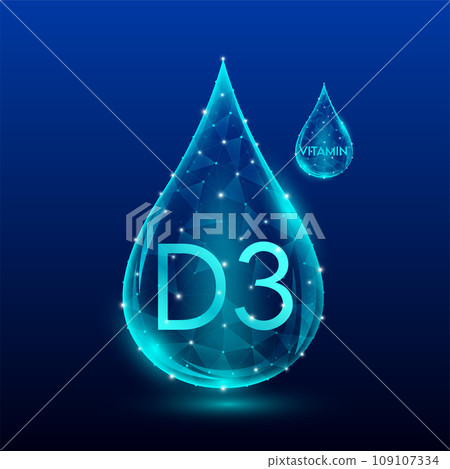Vitamins complex skin care anti aging. Vitamin D3 drop blue translucent low poly on dark blue background. Multivitamins collagen supplement. Cosmetics nutrition design. Vector EPS 10 illustration. 109107334