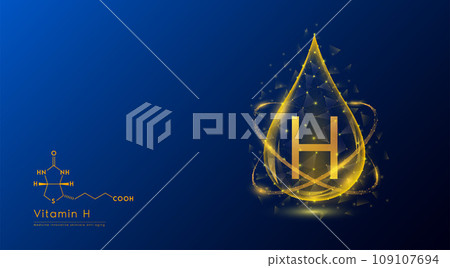 Vitamin H drop orange low poly and structure chemical formula. Medicine science innovative. Multivitamins complex collagen supplement skincare anti aging. Cosmetics nutrition banner design. Vector. 109107694