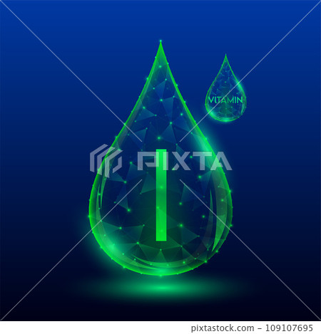 Vitamins complex skin care anti aging. Vitamin I drop green translucent low poly on dark blue background. Multivitamins collagen supplement. Cosmetics nutrition design. Vector EPS 10 illustration. Vitamins complex skin care anti aging. Vitamin I drop green translucent low poly on dark blue background. Multivitamins collagen supplement. Cosmetics nutrition design. Vector EPS 10 illustration. 109107695