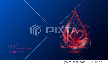 Vitamin K2 drop red low poly and structure chemical formula. Medicine science innovative. Multivitamins complex collagen supplement skincare anti aging. Cosmetics nutrition banner design. Vector. Vitamin K2 drop red low poly and structure chemical formula. Medicine science innovative. Multivitamins complex collagen supplement skincare anti aging. Cosmetics nutrition banner design. Vector. 109107703