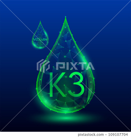 Vitamins complex skin care anti aging. Vitamin K3 drop green translucent low poly on dark blue background. Multivitamins collagen supplement. Cosmetics nutrition design. Vector EPS 10 illustration. Vitamins complex skin care anti aging. Vitamin K3 drop green translucent low poly on dark blue background. Multivitamins collagen supplement. Cosmetics nutrition design. Vector EPS 10 illustration. 109107704