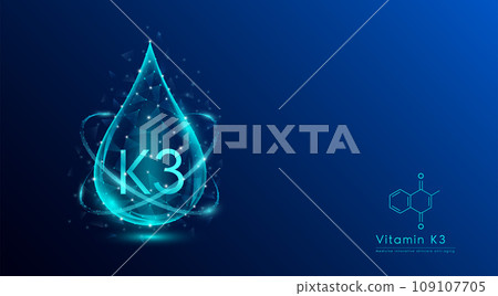 Vitamin K3 drop blue low poly and structure chemical formula. Medicine science innovative. Multivitamins complex collagen supplement skincare anti aging. Cosmetics nutrition banner design. Vector. Vitamin K3 drop blue low poly and structure chemical formula. Medicine science innovative. Multivitamins complex collagen supplement skincare anti aging. Cosmetics nutrition banner design. Vector. 109107705