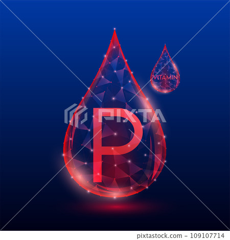 Vitamins complex skin care anti aging. Vitamin P drop red translucent low poly on dark blue background. Multivitamins collagen supplement. Cosmetics nutrition design. Vector EPS 10 illustration. Vitamins complex skin care anti aging. Vitamin P drop red translucent low poly on dark blue background. Multivitamins collagen supplement. Cosmetics nutrition design. Vector EPS 10 illustration. 109107714