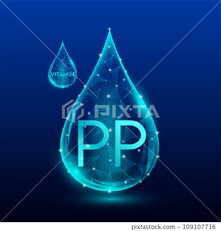 Vitamins complex skin care anti aging. Vitamin PP drop blue translucent low poly on dark blue background. Multivitamins collagen supplement. Cosmetics nutrition design. Vector EPS 10 illustration. Vitamins complex skin care anti aging. Vitamin PP drop blue translucent low poly on dark blue background. Multivitamins collagen supplement. Cosmetics nutrition design. Vector EPS 10 illustration. 109107716