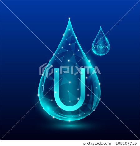 Vitamins complex skin care anti aging. Vitamin U drop blue translucent low poly on dark blue background. Multivitamins collagen supplement. Cosmetics nutrition design. Vector EPS 10 illustration. 109107719