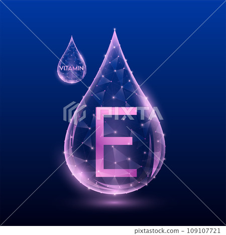 Vitamins complex skin care anti aging. Vitamin E drop pink translucent low poly on dark blue background. Multivitamins collagen supplement. Cosmetics nutrition design. Vector EPS 10 illustration. 109107721