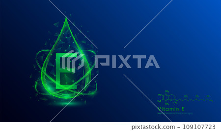 Vitamin E drop green low poly and structure chemical formula. Medicine science innovative. Multivitamins complex collagen supplement skincare anti aging. Cosmetics nutrition banner design. Vector. Vitamin E drop green low poly and structure chemical formula. Medicine science innovative. Multivitamins complex collagen supplement skincare anti aging. Cosmetics nutrition banner design. Vector. 109107723