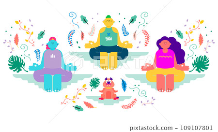 Men, women, and their pet dogs doing yoga to unify their minds and relax 109107801