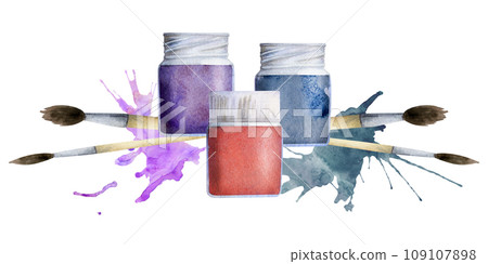 Watercolor hand drawn illustration, kids children paint materials supplies, gouache ink acrylic with brushes, splashes. Composition isolated on white. For school, kindergarten, party, cards, website Watercolor hand drawn illustration, kids children paint materials supplies, gouache ink acrylic with brushes, splashes. Composition isolated on white. For school, kindergarten, party, cards, website 109107898