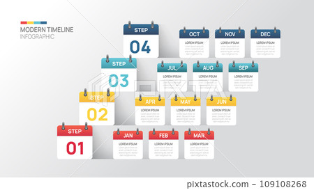 Business step timeline infographic calendar template. Modern milestone element timeline diagram calendar and 4 quarter topics, vector infographics. Business step timeline infographic calendar template. Modern milestone element timeline diagram calendar and 4 quarter topics, vector infographics. 109108268