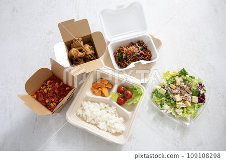 Doggy bag, lunch box filled with food 109108298