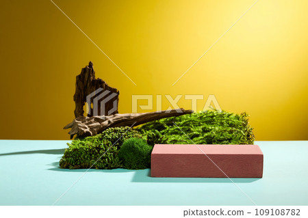 A red podium decorated with green moss carpet and dry twigs on blue and yellow background. Abstract background for branding and minimal presentation. Front view  109108782