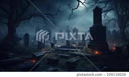 Graveyard cemetery In Spooky dark Night full moon. Holiday event halloween background concept Graveyard cemetery In Spooky dark Night full moon. Holiday event halloween background concept 109110026
