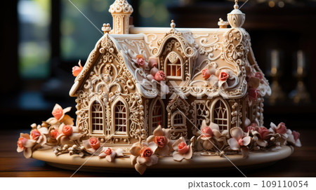 Homemade Christmas Gingerbread House displayed on a table. Christmas tree lights in the background 109110054
