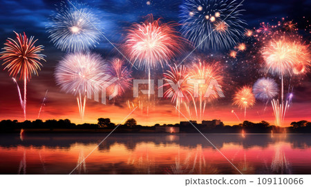 Beauty of the fireworks reflect on river or lake water 109110066