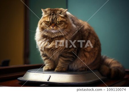 Fat cat on scales on. Weight control concept. Copy space Fat cat on scales on. Weight control concept. Copy space 109110074