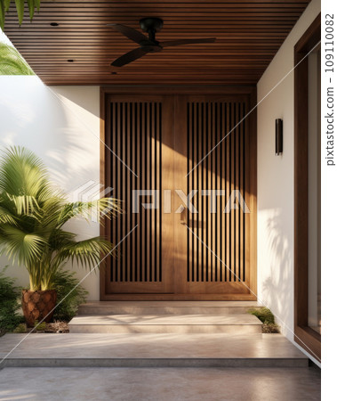 Palm tree next to a wooden door Palm tree next to a wooden door 109110082
