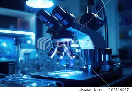 Close up of microscope lenses focused on a specimen in blue light 109110087