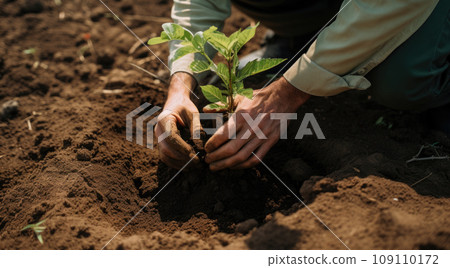 Planting young tree by hand on back soil as care and save wold concept 109110172