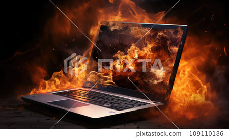 Burning laptop and keyboard, equipment fire due to faulty battery and wiring. Laptop Computer setting the world on fire. 109110186