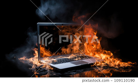 Burning laptop and keyboard, equipment fire due to faulty battery and wiring. Laptop Computer setting the world on fire. 109110190