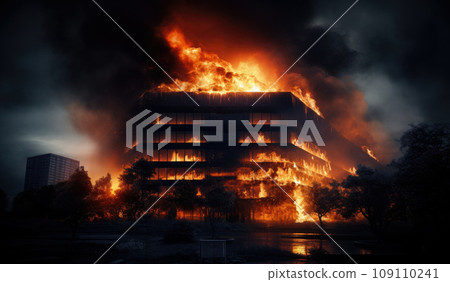 Burning building. Fire. Wildfire. Burning house. Roof of building in flames. Extinguishes fire Burning building. Fire. Wildfire. Burning house. Roof of building in flames. Extinguishes fire 109110241