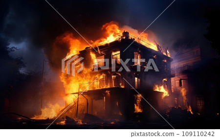 Burning building. Fire. Wildfire. Burning house. Roof of building in flames. Extinguishes fire 109110242
