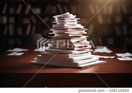 Stack of blank paper with binder clips on wooden table indoors 109110260