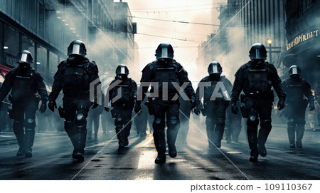 Full body squad of police officers in protective gears with guns wearing medical masks during patrolling street Full body squad of police officers in protective gears with guns wearing medical masks during patrolling street 109110367