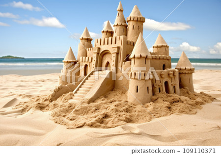 Built House sand castle with towers on the south shore of the sandy beach blue sea 109110371