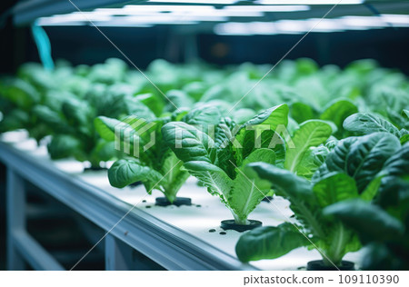 Close up of plants in a net pot in a hydroponic installation 109110390