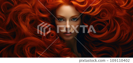 Sensual sexy beauty portrait of a red haired young woman with a healthy shiny long hair in a perfect red hair color. Closeup portrait banner 109110402