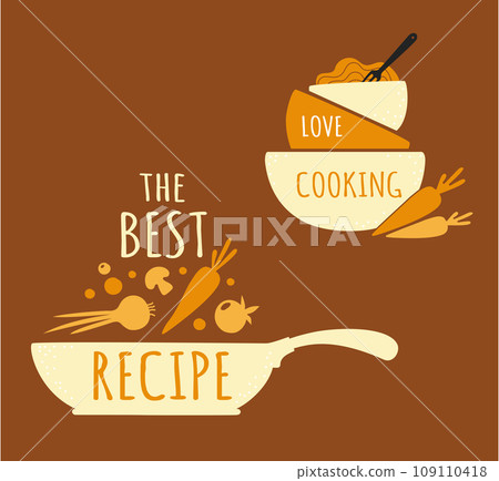 Cook logo. Restaurant kitchen chef emblem. Dinner best recipe. Love cooking badge. Vegetables in frying pan. Food preparing. Gourmet silhouette sticker. Vector culinary label design Cook logo. Restaurant kitchen chef emblem. Dinner best recipe. Love cooking badge. Vegetables in frying pan. Food preparing. Gourmet silhouette sticker. Vector culinary label design 109110418