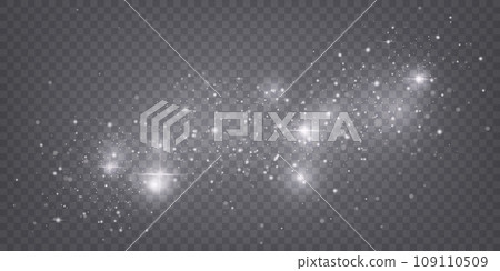 Light particle. White bokeh glitter, magic spark silver effect, star glow and shine, dust shimmer. Minimal festive starlight. Holiday backdrop on transparent background. Vector xmas banner 109110509