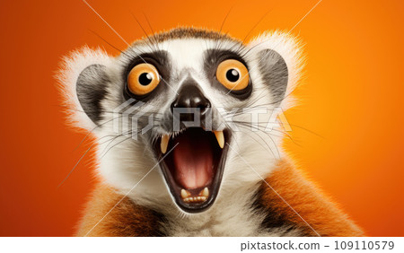 Studio Portrait of Funny and Excited Lemur on Orange Background with Shocked or Surprised Expression and Open Mouth 109110579