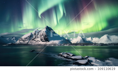 Northern Lights on the night sky. Aurora Borealis. Wintertime starry sky 109110619