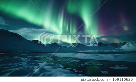 Northern Lights on the night sky. Aurora Borealis. Wintertime starry sky 109110620