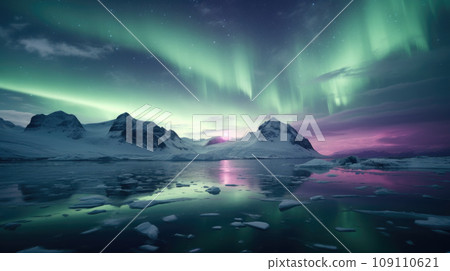 Northern Lights on the night sky. Aurora Borealis. Wintertime starry sky Northern Lights on the night sky. Aurora Borealis. Wintertime starry sky 109110621