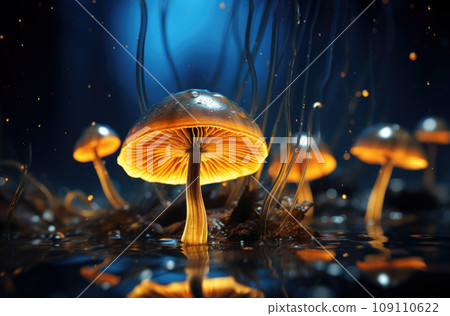 Mushroom. Fantasy Glowing Mushrooms in mystery dark forest close-up. Beautiful macro shot of magic mushroom, fungus. Magic light. 109110622