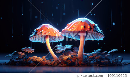 Mushroom. Fantasy Glowing Mushrooms in mystery dark forest close-up. Beautiful macro shot of magic mushroom, fungus. Magic light. 109110623