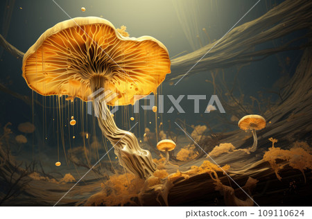 Mushroom. Fantasy Glowing Mushrooms in mystery dark forest close-up. Beautiful macro shot of magic mushroom, fungus. Magic light. 109110624