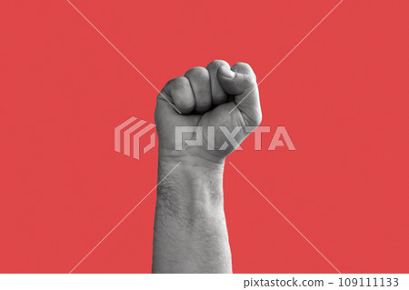 Black and White Man Hand with Raised Fist isolated on Red Background. Male Clenched Closed Fist. Revolution, Teamwork Power, Competition Concept. Hand Raised Up. Human Equal Rights, Freedom, Election 109111133