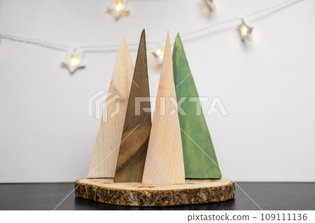 Alternative Christmas Tree. Easy Idea of Wooden Xmas Decoration. White Wood Wall. Handmade Nordic Decor. Boho Scandinavian Style Design. Unique DIY Minimal Ornament. Structural Origami. Zero Waste Fir 109111136