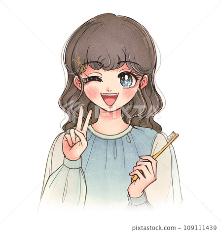 A beautiful cartoon-style girl holding a toothbrush and making a peace sign A beautiful cartoon-style girl holding a toothbrush and making a peace sign 109111439