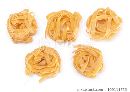 Five Classic Italian Raw Egg Fettuccine - Isolated on White Background Five Classic Italian Raw Egg Fettuccine - Isolated on White Background 109111753