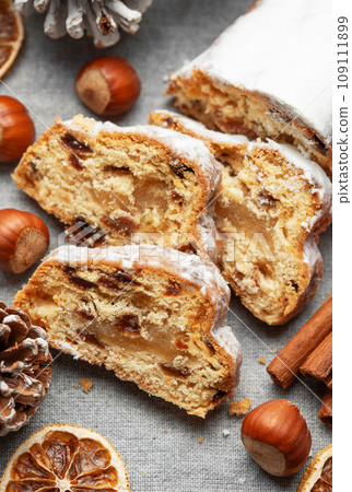 Christmas stollen with winter holidays decoration. Christmas stollen with winter holidays decoration. 109111899
